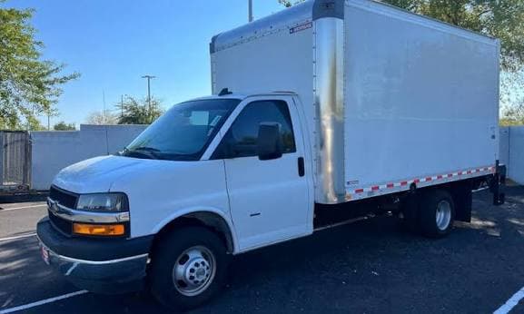 Box truck ready for dispatch at a logistics yard