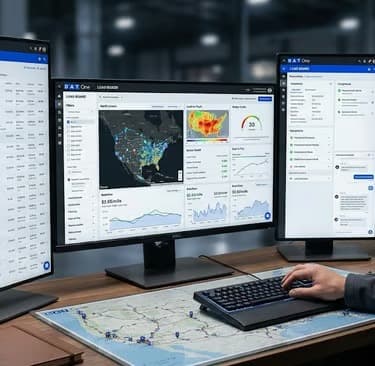 Dispatch team monitoring load boards and real-time tracking dashboards